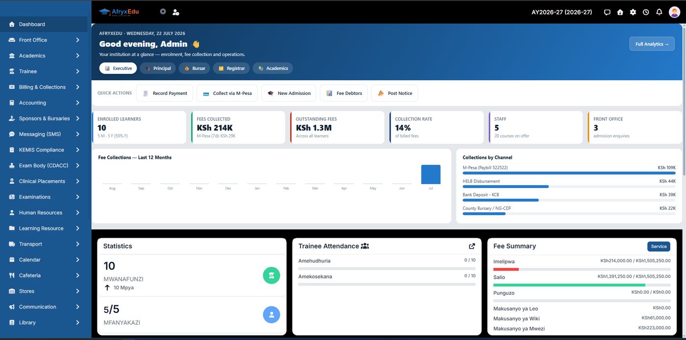 AfryxEdu school ERP dashboard — enrolment and fees